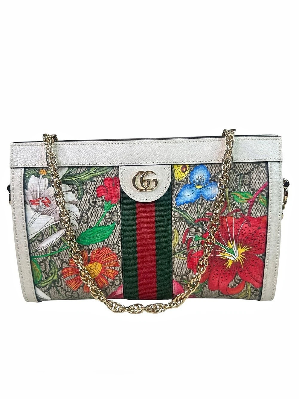 Gucci GG Supreme Monogram Flora Web Small Ophidia Chain Shoulder Bag White Flora